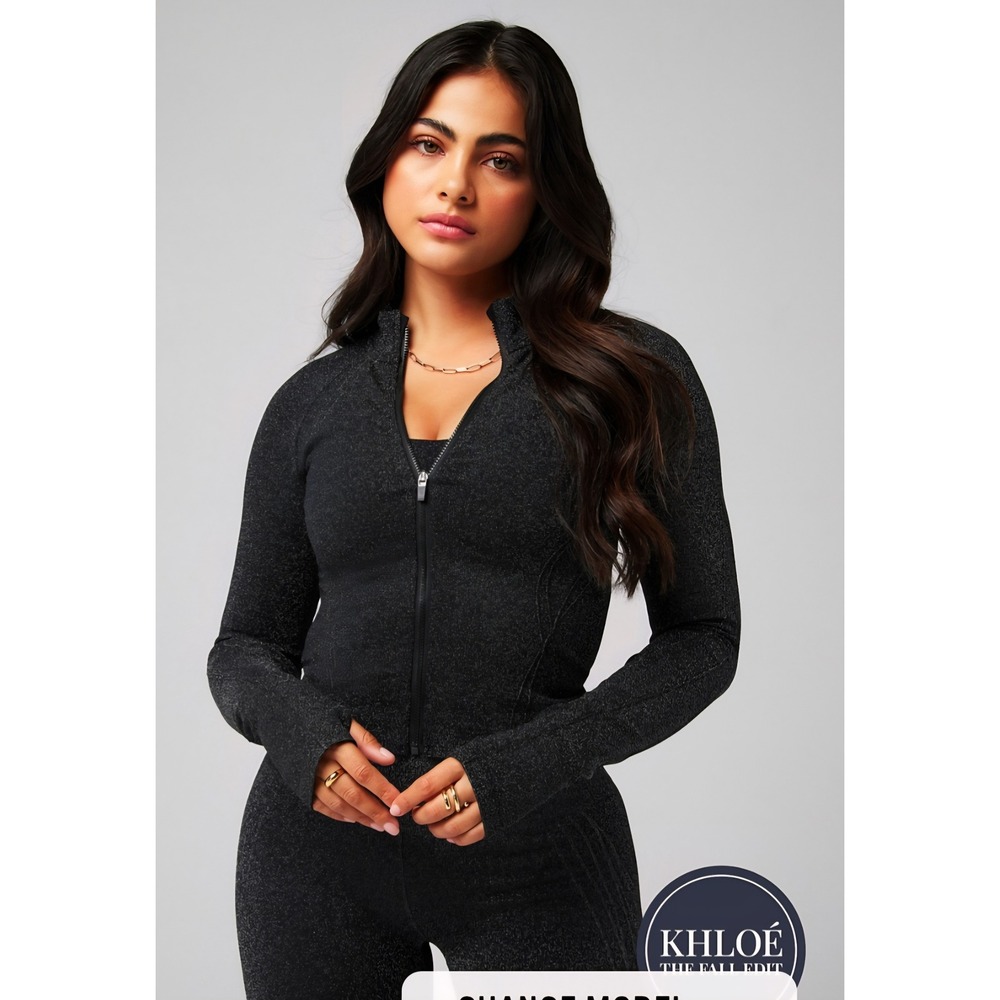 Fabletics Seamless Lurex Jacket Large Black Sparkle NWT